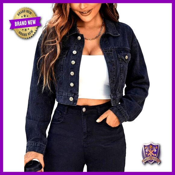 Cropped Denim Jacket Vintage Oversized Y2K Distressed Dark Wash Baggy